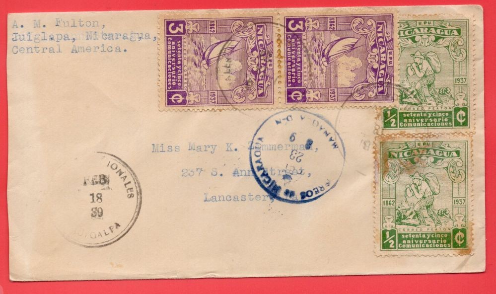Nicaragua 2 X 3c + 2 X  1/2c used on cover 1939