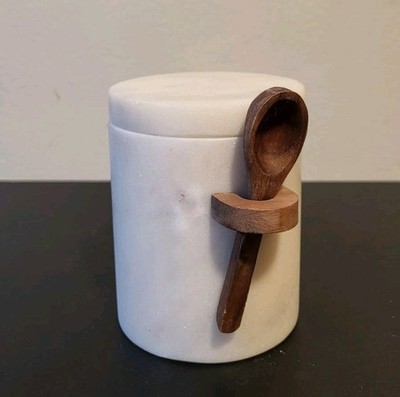 Williams Sonoma Marble Salt Cellar  Wooden Spoon Stone Heavy Barware Serveware 