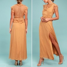 NWT New Friends Colony Maya Tan Chiffon Ruffled Lace-Up Maxi Dress Size Medium