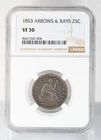 Certified 1853 Liberty Seated Quarter Arrows & Rays NGC VF30 Silver 25c