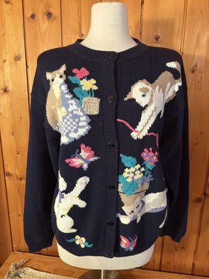 #ad Vintage Northern Reflections Navy Cat Kitten 80s 90s Knit Button Up Cardigan L $47.99