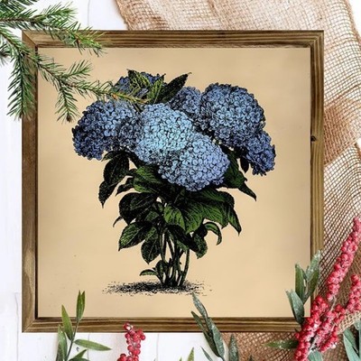 Vintage Blue Hydrangea Wooden Frame Sign Botanical Woodcut Style Wall Art Decor