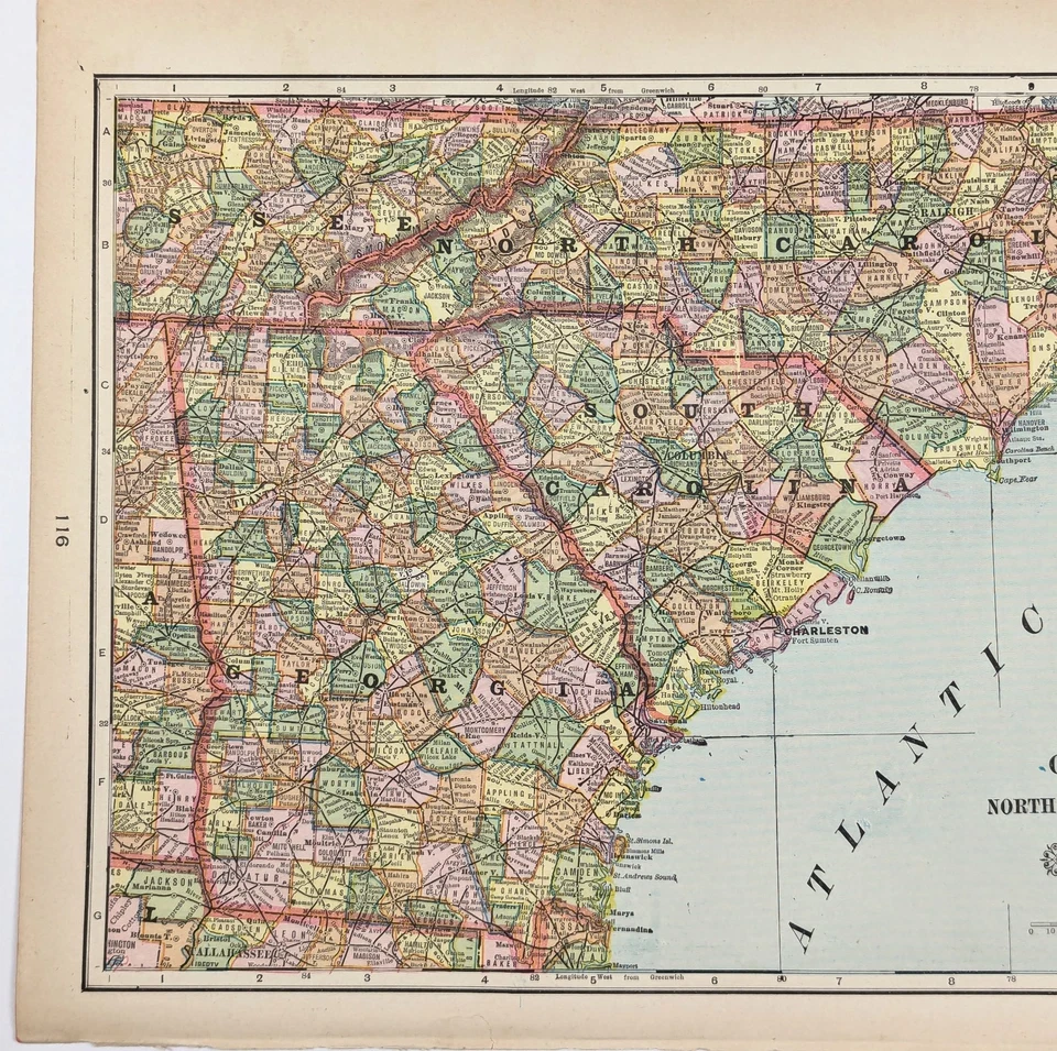 1903 GEORGIA - SOUTH CAROLINA - NORTH CAROLINA Map ORIGINAL (13x10) RAILROADS - Image 3 of 4