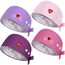 4 Pcs SatinLined Bouffant Nurse Scrub Caps With Buttons  Sweatband