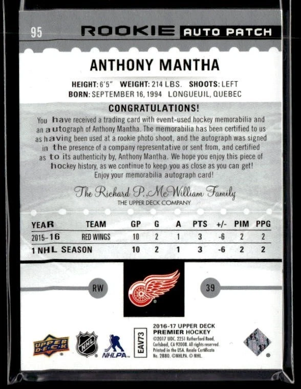 L25,469 - 2016-17 Upper Deck Premier #95 Anthony Mantha Jersey Auto /299 RC - Image 2 of 2