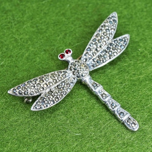 Spilla libellula vintage in argento sterling 925 fatta a mano con marcasite e granato - Foto 1 di 6