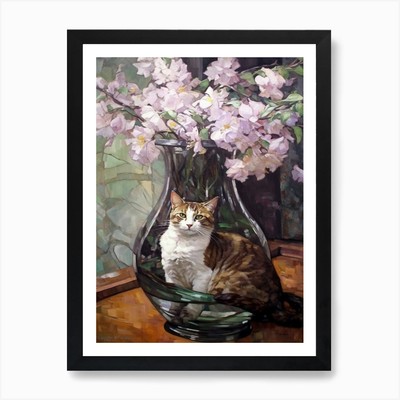Flieder mit Katze 3 Jugendstil Stil gerahmtes Wandbild Poster Leinwanddruck Bild