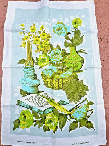 Vintage Linen Tea Towel MCM Flowers Oil Lamp Still Life Czechoslovakia Rare!