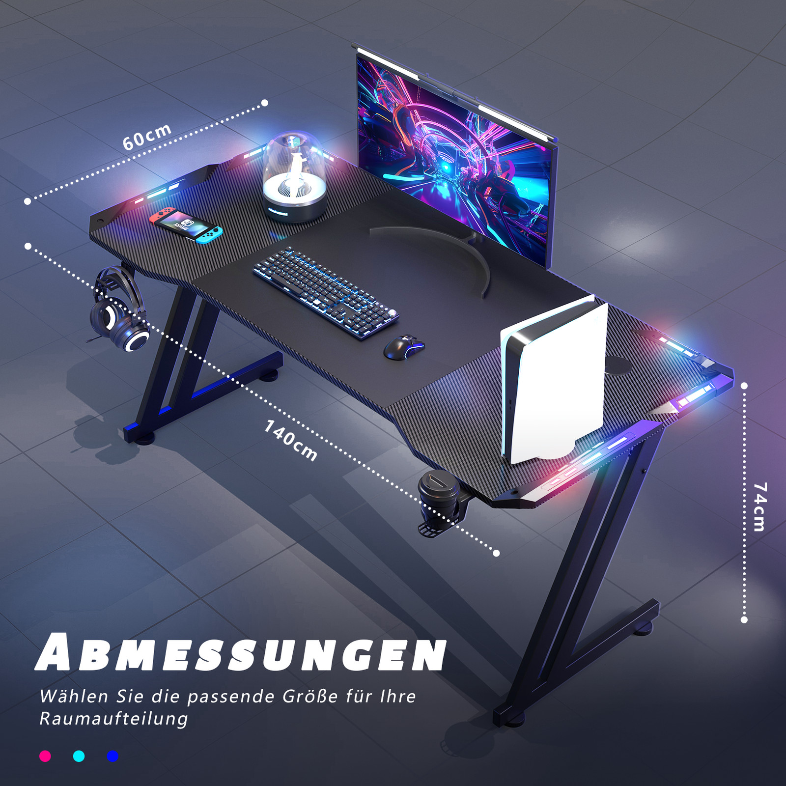 Tavolo da Gaming con LED e Portabevande 120/160 cm foto 5