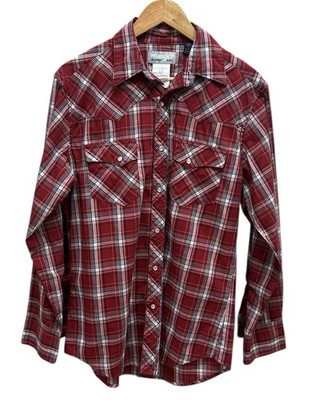 Wrangler Rancher Pearl Snap Shirt Medium Plaid Red White Blue Western Long