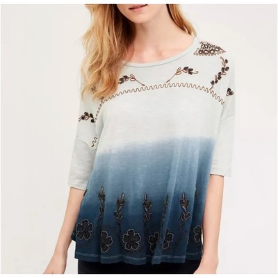 Anthropologie Womens Small Akemi + Kin Beaded Ombré Tulsi Tee in Blue