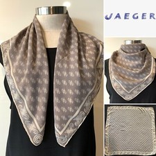 JAEGER Silk Crepe Grey,Ivory Logo Foulard Scarf 63cm x 63cm Handroll Hem Italy
