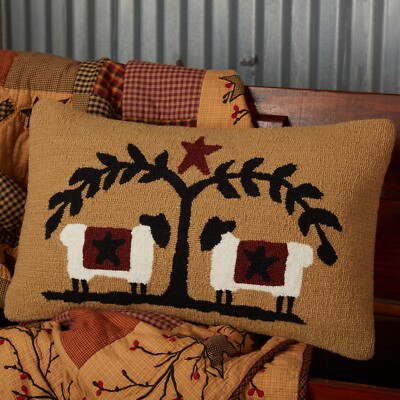 New Primitive Americana HOOKED STAR WILLOW TREE SHEEP PILLOW Accent 14''x22''