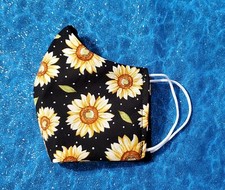 Washable Handmade Fabric Face Mask filter pocket SUNFLOWERS ON BLACK