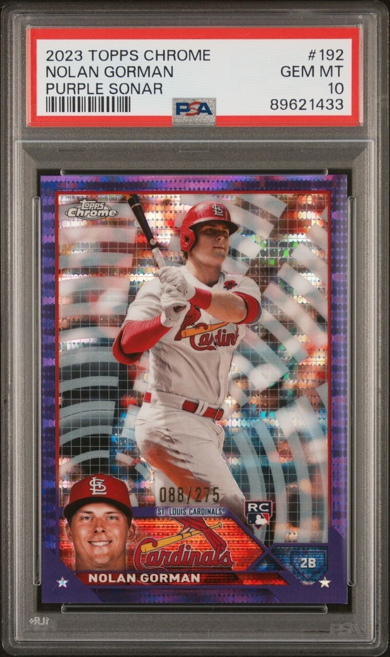 NOLAN GORMAN 2023 TOPPS CHROME PURPLE SONAR #192 (RC) 88/275 PSA 10 GEM MINT!!!
