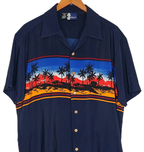 Bullhead Island Series Men's Short Sleeve Shirt Hawaiian Navy Beach Large - 第 1/6 張圖片