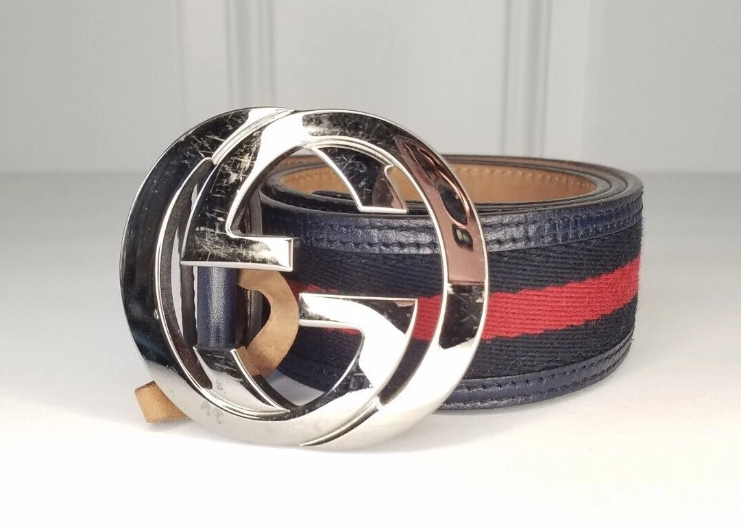 AUTHENTIC GUCCI GG SILVER TONED NAVY BLUE/RED LEATHER BELT- UNISEX 30"  / 75cm XS