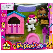 Cute Puppy Pet Toys 8 Piece Play-set w/ Food Bowl House Bone 2 Puppies New