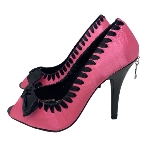 BLACK PINK BURLESQUE HEELS STILETTO BIG BOW SATIN SHOES FANCY DRESS UK SIZE 2.5 - Picture 8 of 13
