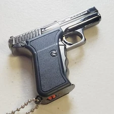 Pistol Shaped Gun Lighter FIRE Chrome METAL, Cocking Hammer, Mini 9 mm. USA SHIP