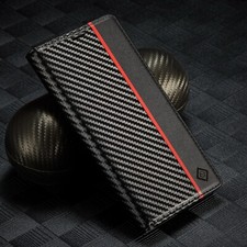 For iPhone 16 17 Pro Max 15 14 13 12 Magnetic Carbon Fiber Leather Wallet Case