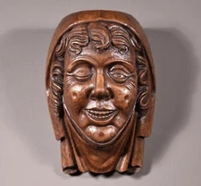 11" Tall Large Vintage Decorative Highly Carved Face/Head in Solid Oak Wood