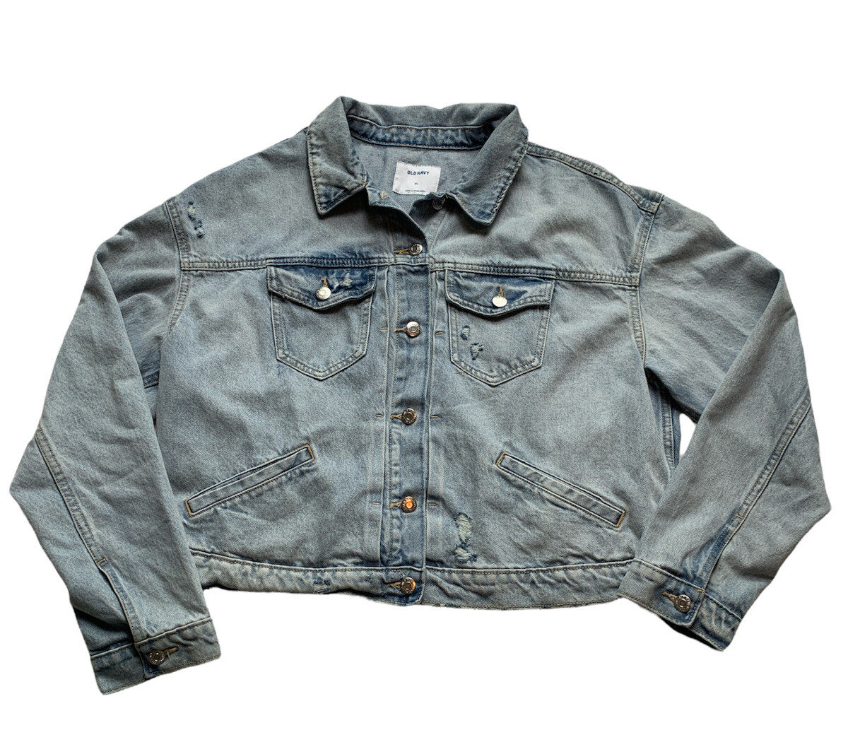 Old Navy Womens Jean Jacket Blue Buttons Pockets Distressed Denim