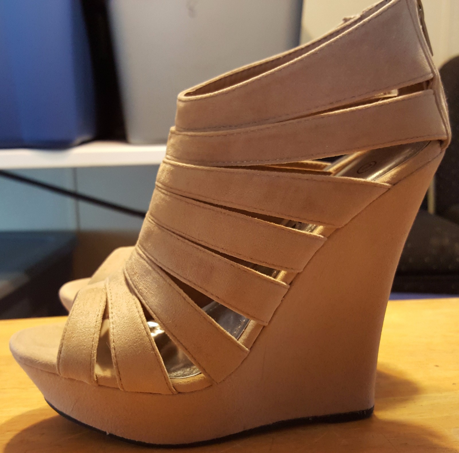Stylish tan strappy wedges for women size 7 with back zipper-image