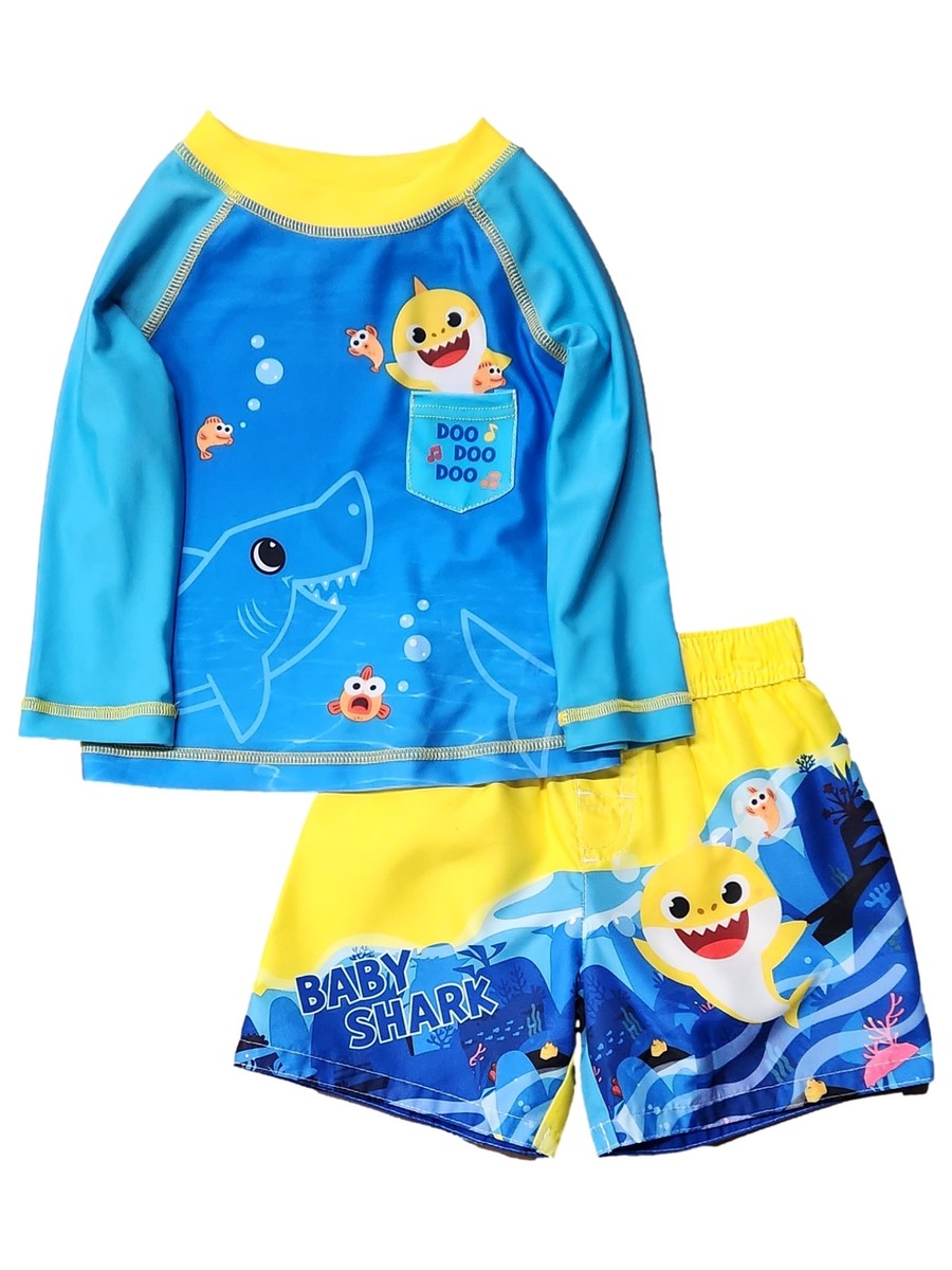 Infant Toddler Boys Blue Baby Shark Rash Guard Swim Trunks Set 18 Months