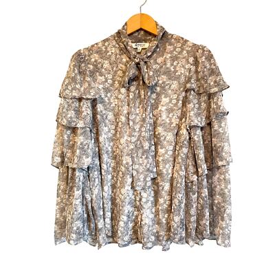 &merci En Merci long sleeve button up blouse floral sheer tie neckline neutral L