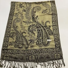 Women Scarf Silk Blend Paisley Metallic Gold Black 68”X27” Tassels