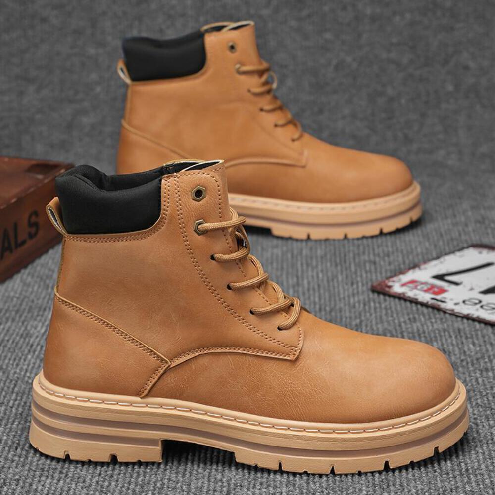 Men's Leather Boots Thick Soled Lace Up Work Boots Anti Slip Outdoor Mountaineer