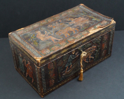 Embossed Leather Antique Religious Jewelry Box Made in Austria W/ Key
