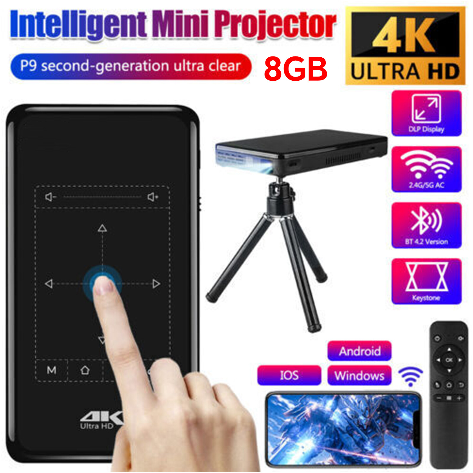 New HD 4K Smart Mini Projector Android WiFi Bluetooth 1080P 8GB Home Theater-image