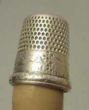 Antique Simons Sterling Silver Scenic Thimble House in Village Patterned Band