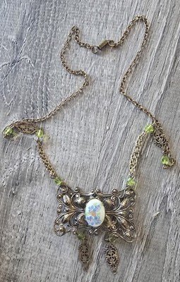 Vintage Bronze Tone Floral Filigree Center Necklace Victorian 
