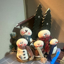 Wood Fabric Snowman Family Set Freestanding Christmas Holiday Decor 13x13x12