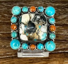 Native Southwest Style Sterling Turquoise Spiny Oyster Large Cluster Ring 5.75