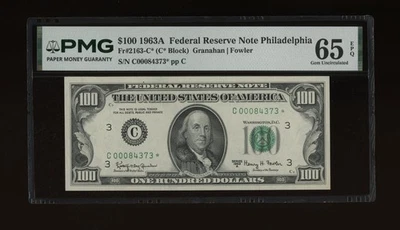 DBR 1963-A $100 FRN Philadelphia STAR Gem Fr. 2163-C* PMG 65 EPQ Ser# C00084373* - Image 1 of 2