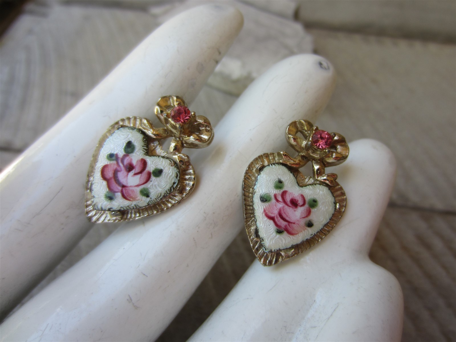 Vintage CORO Enamel Guilloche Pink Rhinestone ROSE Flower Screw Back EARRINGS