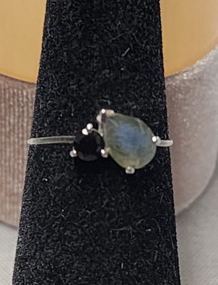 Mond Magic Toi Et Moi Labradorit & Obsidian Schwebering Gr. 6 Sterlingsilber