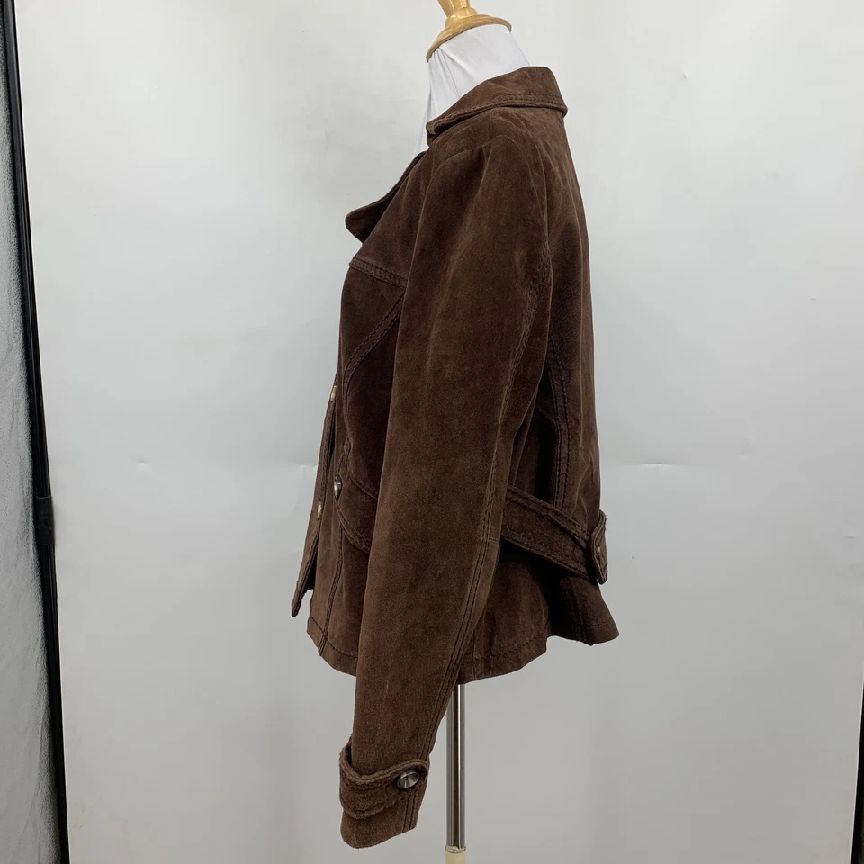 Jaqueta feminina de camurça XL extra grande couro marrom camurça botões forrados de cetim - Imagem 3 de 4