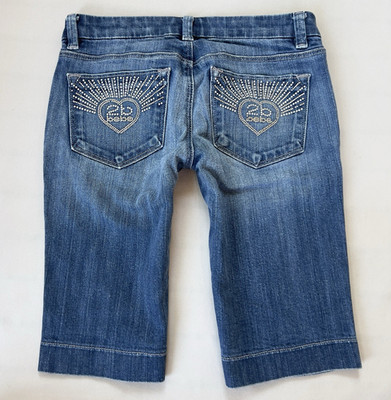 Y2K vintage bebe Blue Denim Bermuda Shorts 26 Mid Rise Stretch Pocket Rhinestone