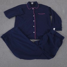 J.Crew Pajama Set Womens Medium Navy Flannel Cotton Pink Piping Straight Leg