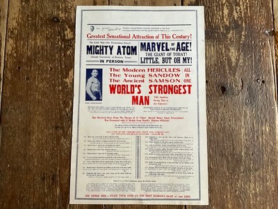 Joseph Greenstein The Mighty Atom - original show poster 1930s with certificate