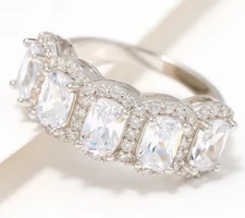 Diamonique Sterling Silver Cushion Cut Clear 5-Stone Band Ring Size 7