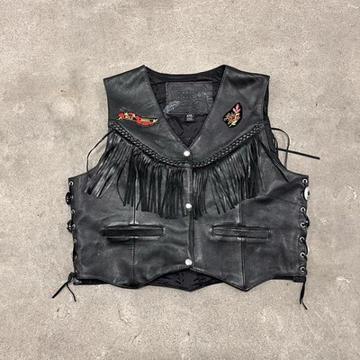 VTG Genuine Leather Hudson Leather Fringe Rose Vest Women's XXL Motorcycle Biker