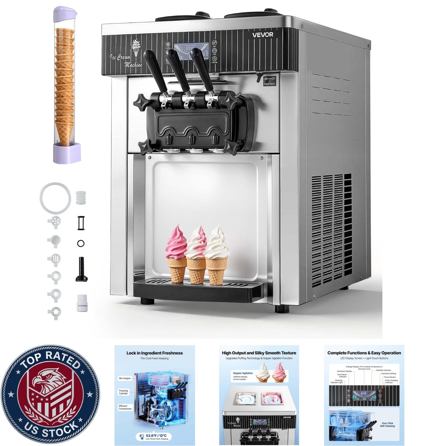 Commercial Ice Cream Machine, 20-28L/H Yield, 2200W 3-Flavor Countertop Soft