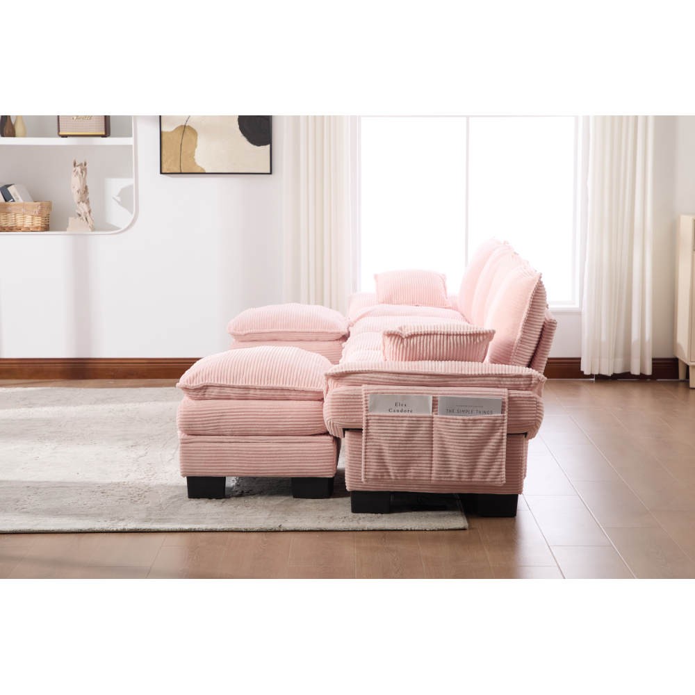 Pink Corduroy Modular Sectional Sofa Cloud Couch with Storage & USB