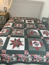 VTG Patchwork Quilt Queen Floral Star , Fan, And Blocks Cottagecore